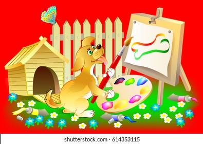 Illustration of happy little puppy painting the picture, vector cartoon image.
