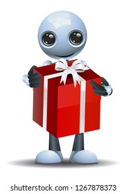 illustration of a happy little robot got a big gift on isolated white background