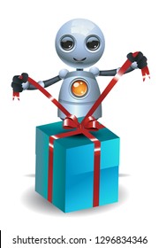 illustration of a happy little robot open birthday present on isolated white background