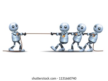 illustration of a happy little robot playing thugging rope game on isolated white background