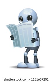 illustration of a happy little robot reading news paper on isolated white background