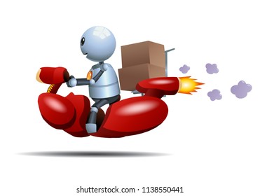 illustration of a happy little robot riding bike delivering box on isolated white background