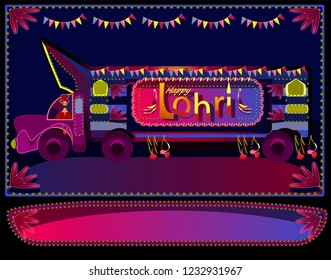 Illustration of Happy Lohri background for Punjabi festival.India and Pakistan's Truck Art tradition.