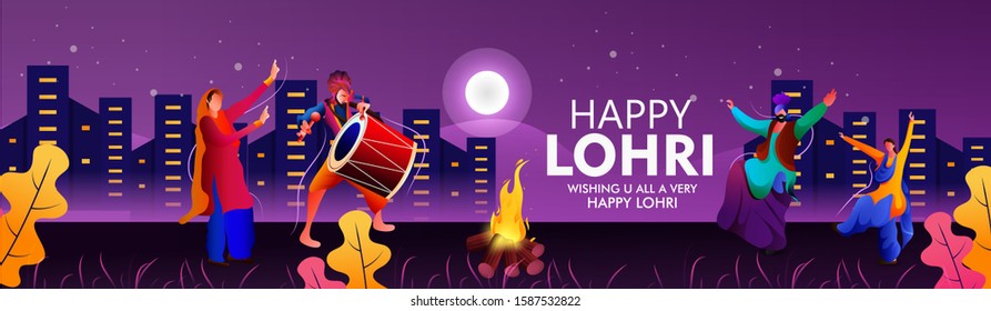 illustration of Happy Lohri/Lohdi
celebration bonfire background, banner header
