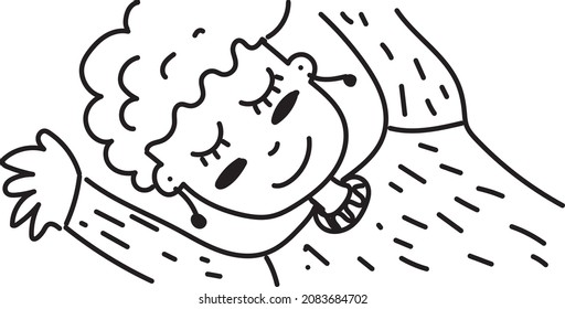 illustration of a happy looking woman lying down, an editorial illustration of a woman wearing a sweater with long earrings in her ears. short wavy hair.