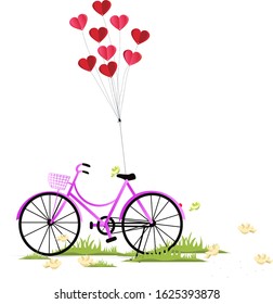 Illustration of happy lovers day or valentine day, balloon heart shape hang the pink bicycle. paper art and digital craft style.