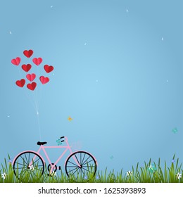 Illustration of happy lovers day or valentine day, balloon heart shape hang the pink bicycle. paper art and digital craft style.