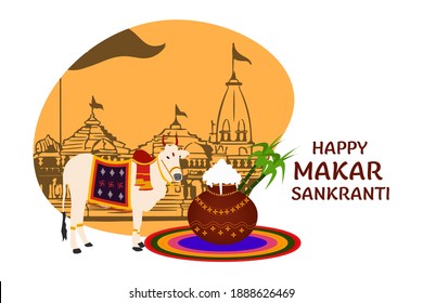 ilustración de feliz festival de cosecha navideña makar sankrant de andhra pradesh sur de india saludando antecedentes con silueta templo, buey lindo, olla de Pongal y vector de caña de azúcar. 
