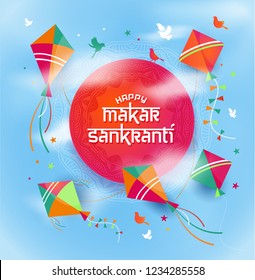 Illustration of Happy Makar Sankranti with colorful kite string for festival of India