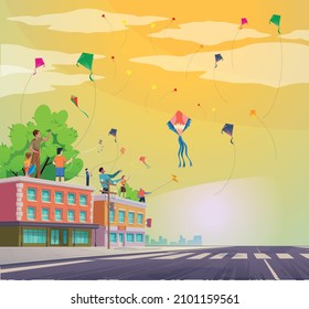 Illustration of Happy Makar Sankranti, Colorful kites String for festival of India