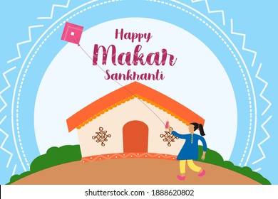 ilustración del Festival de la cosecha navideña feliz makar sankranti de Andhra Pradesh telangana de fondo con dibujos de una linda chica del pueblo, hermosa casa y colorido vector de cometas.  
