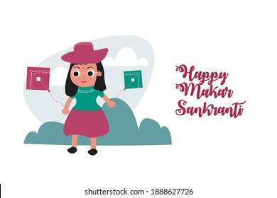 ilustración del Festival de la cosecha navideña feliz makar sankranti de Andhra Pradesh telangana de fondo con dibujos de una linda chica del pueblo, hermoso fondo y colorido vector de cometas.  
