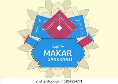 illustration of Happy makar sankranti Holiday Harvest Festival of Andhra Pradesh telangana greeting colorful background with rangoli, colorful kites with manja, text banner vector.
