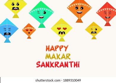 ilustración de feliz festival de cosecha navideña makar sankranti de andhra pradesh telangana de fondo con coloridos cometas con expresiones de caricatura vectorial.    
