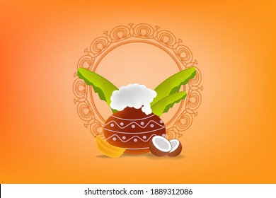 ilustración de feliz festival de cosecha navideña makar sankranti de andhra pradesh telangana de fondo con olla pongal, hojas de banana, banana, vector de coco rangoli. 
