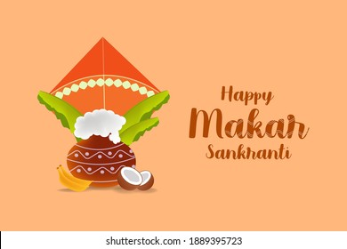 ilustración de feliz festival de cosecha navideña makar sankranti de andhra pradesh telangana de fondo con olla pongal, hojas de banana, banana, vector de coco rangoli. 
