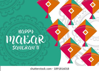 ilustración de feliz festival de cosecha navideña makar sankranti de andhra pradesh telangana saludo de fondo abstracto con diseño mandala dibujos animados hermosos y coloridos vector de cometas. 