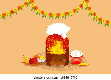 ilustración de feliz festival de cosecha navideña makar sankranti de andhra pradesh telangana saluda fondo abstracto con olla pongal con vector de fuego. 