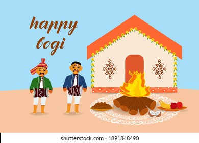 ilustración de feliz festival de cosecha navideña makar sankranti de andhra pradesh telangana saludo de fondo abstracto con caricatura hermosa y colorida tradición del pueblo de la casa hombres con vector dholak.