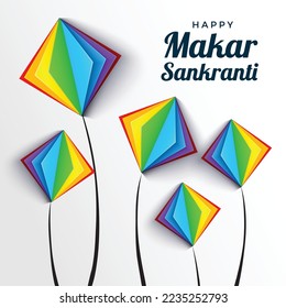 illustration of Happy Makar Sankranti invitation with colorful kite string for festival of India ,    flat Paper cut  art  flyer wallpaper  poster banner creative