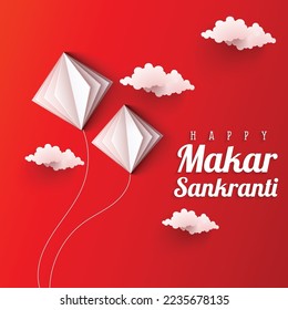 illustration of Happy Makar Sankranti invitation with kite string for festival of India ,    flat Paper cut  art  flyer wallpaper  poster banner creative