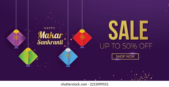 illustration of Happy Makar Sankranti Sale wallpaper with colorful kite string for festival of India , flat art vector flyer poster banner creative
