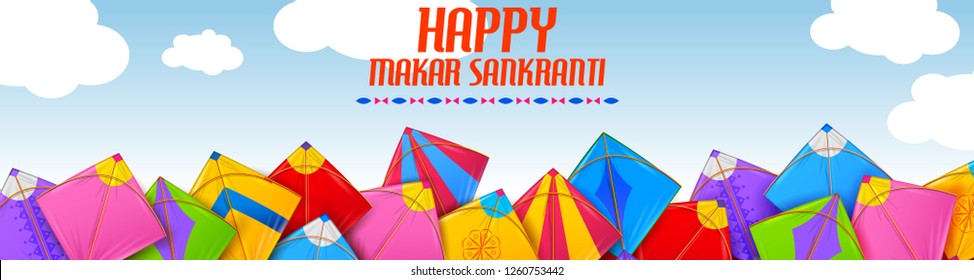illustration of Happy Makar Sankranti wallpaper with colorful kite string for festival of India