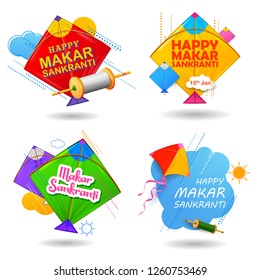 illustration of Happy Makar Sankranti wallpaper with colorful kite string for festival of India