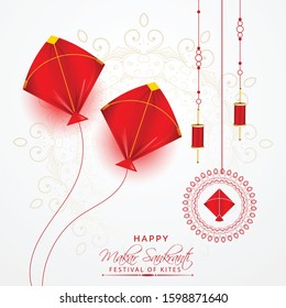 illustration of Happy Makar Sankranti wallpaper with colorful kite string for festival of India indian red and white mandala with flat art vector flyer poster banner creative