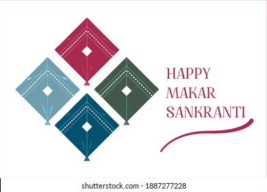 Illustration of Happy Makar Sankranti wallpaper with colorful, cute, cartoon kites with strings for festival of India isolated on white background.