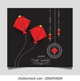 Illustration von Happy Makar Sankranti Wallpaper mit bunter Drachenschnur für das Festival von Indien ,   Mandala mit flachem Kunstflyer-Plakatbanner kreativ
