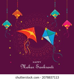 illustration of Happy Makar Sankranti wallpaper with colorful kite string for festival of India ,   mandala with flat art  flyer poster banner creative