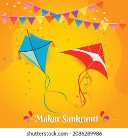 Illustration von Happy Makar Sankranti Wallpaper mit bunter Drachenschnur für das Festival von Indien ,   Mandala mit flachem Kunstflyer-Plakatbanner kreativ