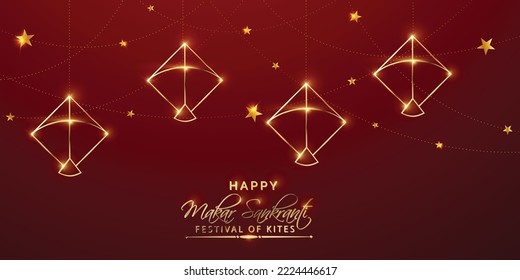 illustration of Happy Makar Sankranti wallpaper with golden kite string for festival of India ,   flat art  flyer poster banner creative