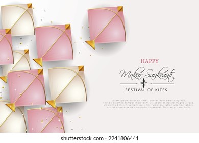 illustration of Happy Makar Sankranti wallpaper with kite for festival of India ,   Golden flat art  flyer poster banner creative