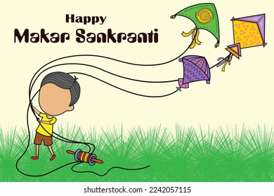 illustration of Happy Makar Sankranti wallpaper with colorful kite string for festival of India