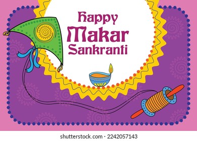 illustration of Happy Makar Sankranti wallpaper with colorful kite string for festival of India