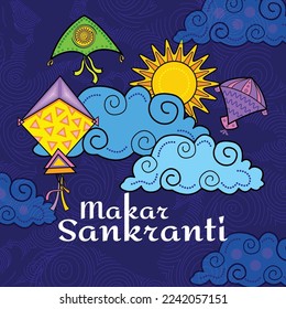 illustration of Happy Makar Sankranti wallpaper with colorful kite string for festival of India