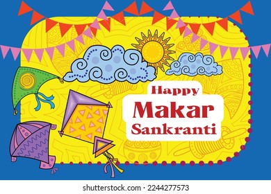 illustration of Happy Makar Sankranti wallpaper with colorful kite string for festival of India