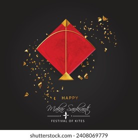 Illustration von Happy Makar Sankranti Wallpaper mit Drachen für das Festival von Indien ,   Poster-Banner für Goldene Flachkunst