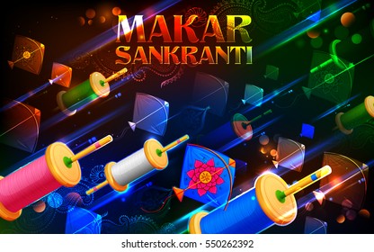 illustration of Happy Makar Sankranti wallpaper with colorful kite string for festival of India