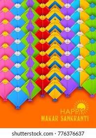 illustration of Happy Makar Sankranti wallpaper with colorful kite string for festival of India