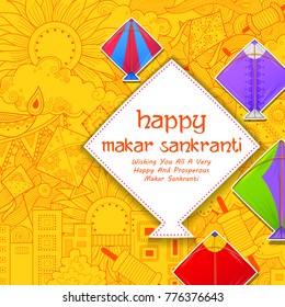 illustration of Happy Makar Sankranti wallpaper with colorful kite string for festival of India