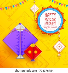 illustration of Happy Makar Sankranti wallpaper with colorful kite string for festival of India