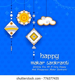 illustration of Happy Makar Sankranti wallpaper with colorful kite string for festival of India