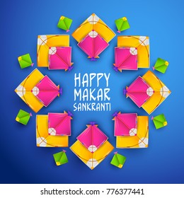 illustration of Happy Makar Sankranti wallpaper with colorful kite string for festival of India