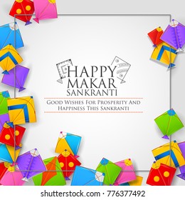 illustration of Happy Makar Sankranti wallpaper with colorful kite string for festival of India