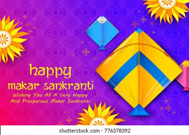 illustration of Happy Makar Sankranti wallpaper with colorful kite string for festival of India