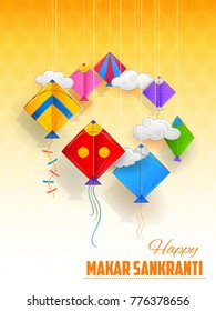 illustration of Happy Makar Sankranti wallpaper with colorful kite string for festival of India