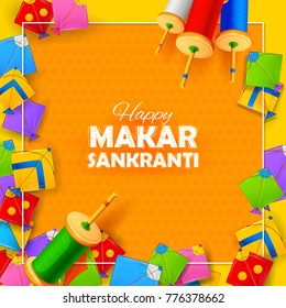 illustration of Happy Makar Sankranti wallpaper with colorful kite string for festival of India